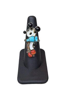 Zuni Mickey Inlaid Handmade Sterling Silver Ring Size 6.25 Turquoise Coral READ